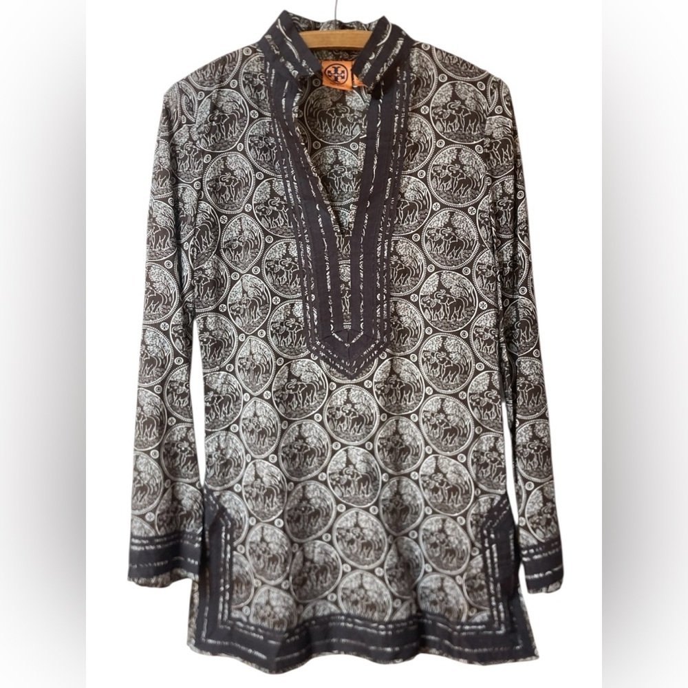Tory Burch Brown White Elephant Print Tunic Dress Size 4 | Boho Resort Chic